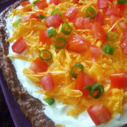 This easy 7-layer Bean Dip Recipe has spices added to refried beans, layered with cheese, sour cream and the toppings of your choice.