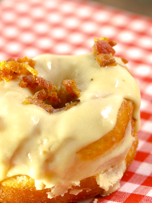 BRIOCHE DONUTS WITH MAPLE FROSTING AND BACON CRUMBLES
