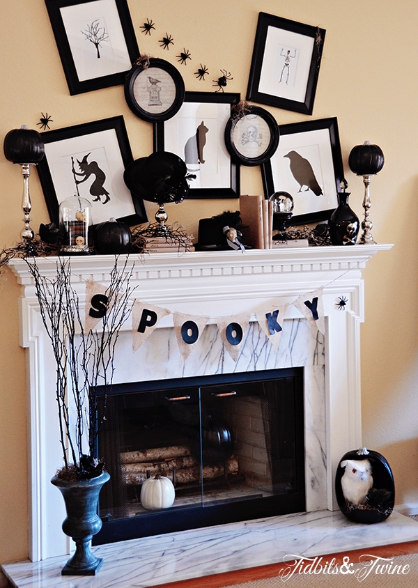 black and white themed halloween mantel