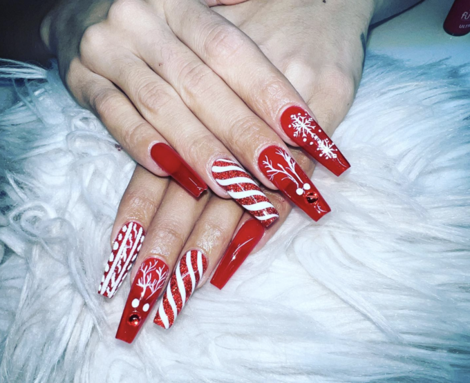 candy apple red reindeers Christmas nails