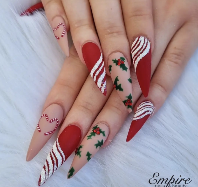 candy canes & holly berries christmas nails