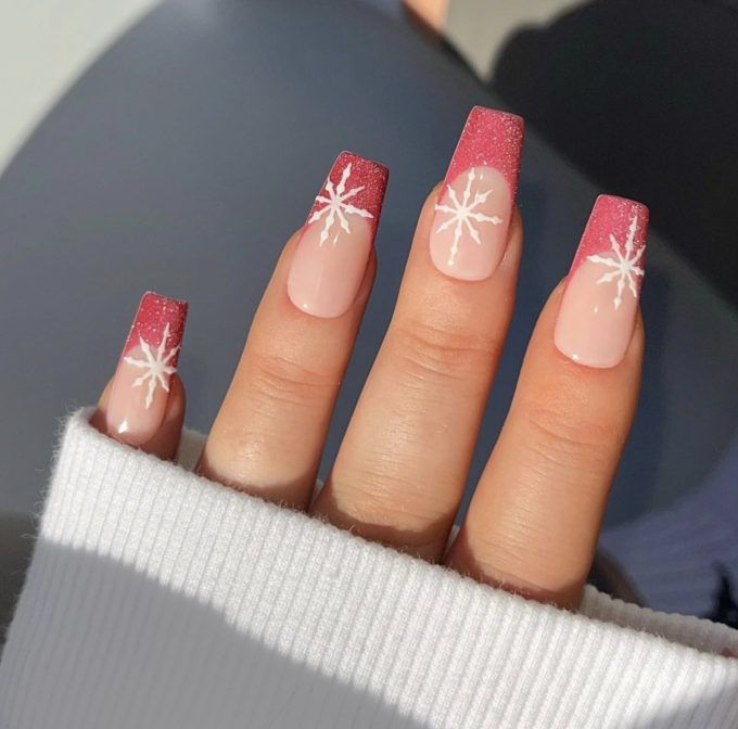 red french tip snowflakes christmas nails