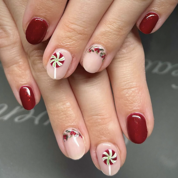candy cane swirl and holly christmas nails