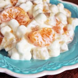 Mandarin Orange Marshmallow Fruit Salad Recipe. This recipe has a trio of fruits: mandarin oranges, pineapple and pear. Mix with that your favorite vanilla yogurt and marshmallows and let it get happy in the fridge for a few hours before serving.