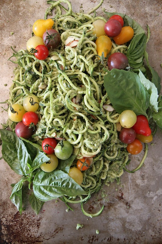 Zuchinni Noodles with Basil Almond Pesto and Cherry Tomatoes