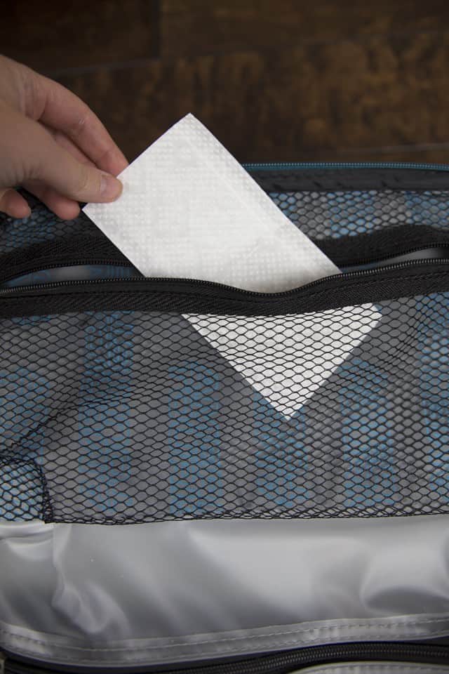 Dryer sheets in carry-on. Placing a dryer sheet in your carry-on will make all of your bag contents smell fresh once you open it back up!