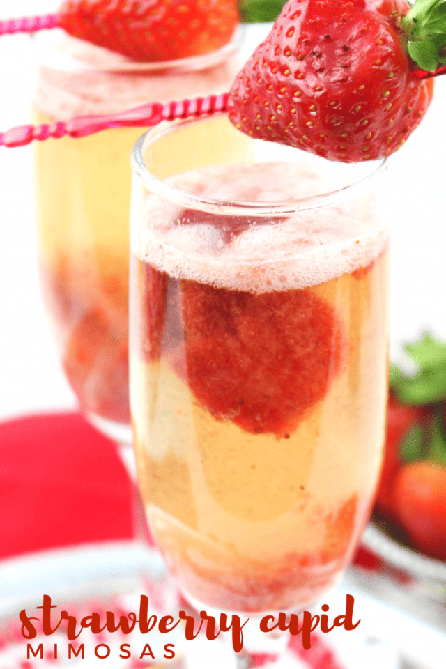 Strawberry Cupid Mimosas Cocktail Drink Recipe, a simple, yet delicious, that can be enjoyed on Valentine's Day for breakfast, brunch, lunch or dinner.