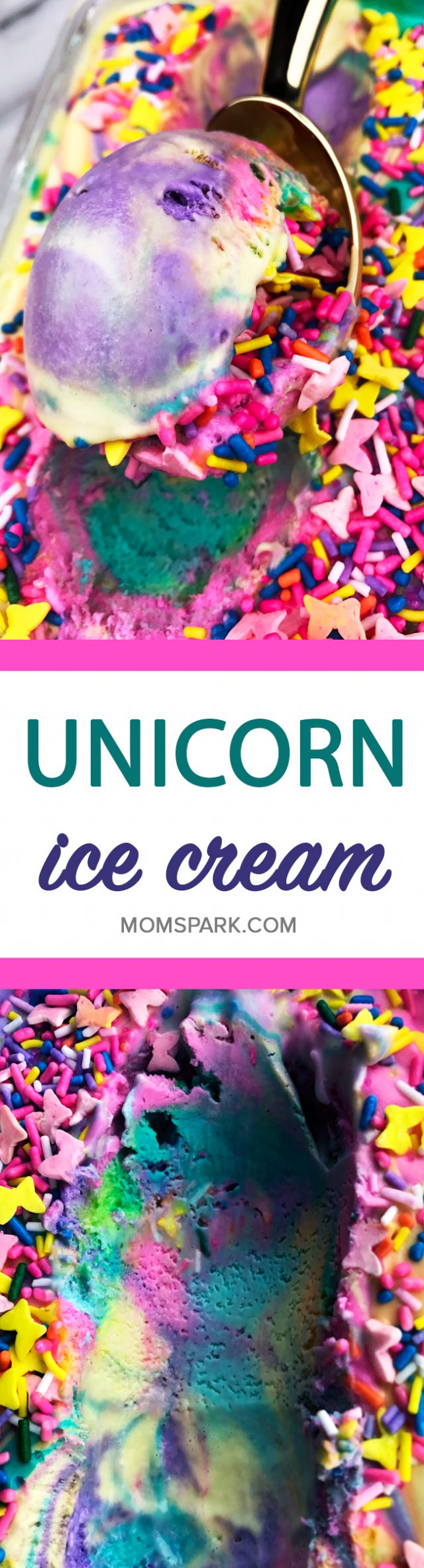 Rainbow Unicorn Ice Cream Recipe - Unicorns may be imaginary magical creatures, but we're still ready to celebrate them. Today's recipe does just that. It's a mixture of bright rainbow ice cream colors covered in sprinkles. This ice cream recipe is perfect for your next fantasy unicorn party celebration. Or just because it's fun and delicious. Either way. No judgment here.