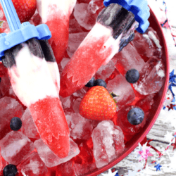 July 4th Red, White & Blue Fruit and Yogurt Bomb Pops Recipe Let's cool off this summer by starting off with these delicious red, white, and blue Patriotic Fruit and Yogurt Bomb Pops that are just perfect for a July 4th popsicle recipe, too! Filled with fruit and yogurt, these bomb pops are also easy on the waistline and OH SO refreshing on a hot day.