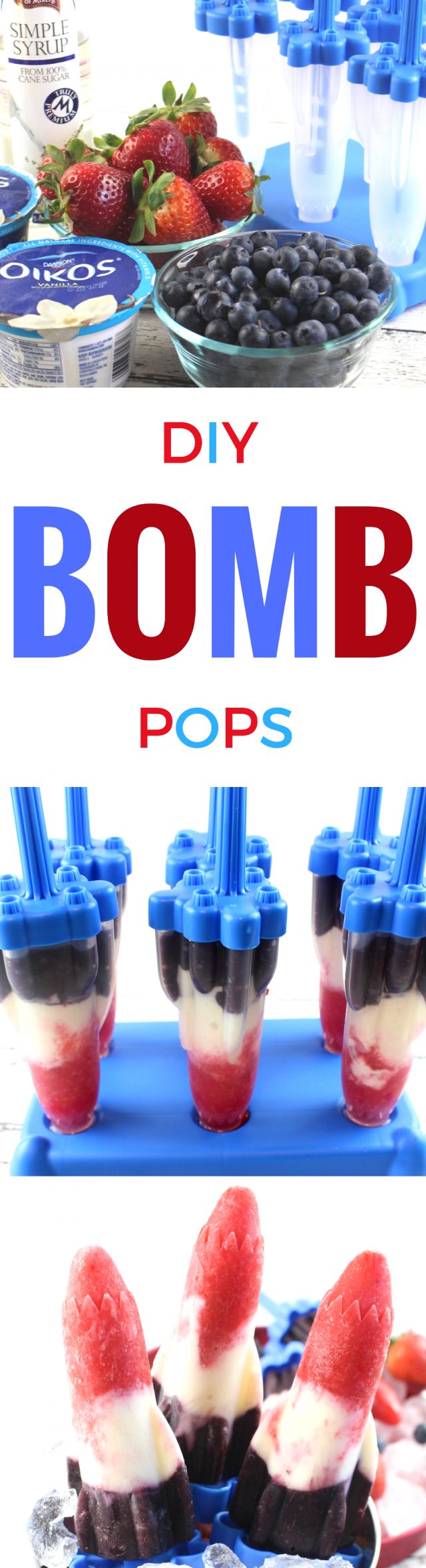 July 4th Red, White & Blue Fruit and Yogurt Bomb Pops Recipe Let's cool off this summer by starting off with these delicious red, white, and blue Patriotic Fruit and Yogurt Bomb Pops that are just perfect for a July 4th popsicle recipe, too! Filled with fruit and yogurt, these bomb pops are also easy on the waistline and OH SO refreshing on a hot day. 