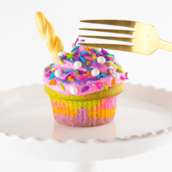 My unicorn obsession is real, my friends. Colorful, sweet, and bright rainbow colors of unicorn EVERYTHING. Unicorn ice cream, magic wands, and even poop. I'm into it all. These multi-colored cupcakes covered with a TON of sprinkles and a shiny gold horn are simply magical.