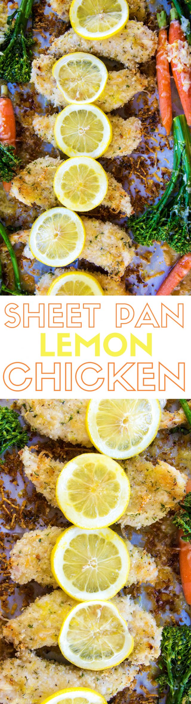 One Sheet Pan Lemon Parmesan Chicken & Vegetables Recipe - Lemon parmesan chicken, covered a light panko crust and roasted vegetables. The best part? It's made on one sheet pan.