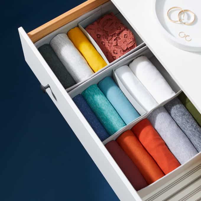 Drawer organizers to store your shirts, socks, and underwear in an organized, clutter-free way.
